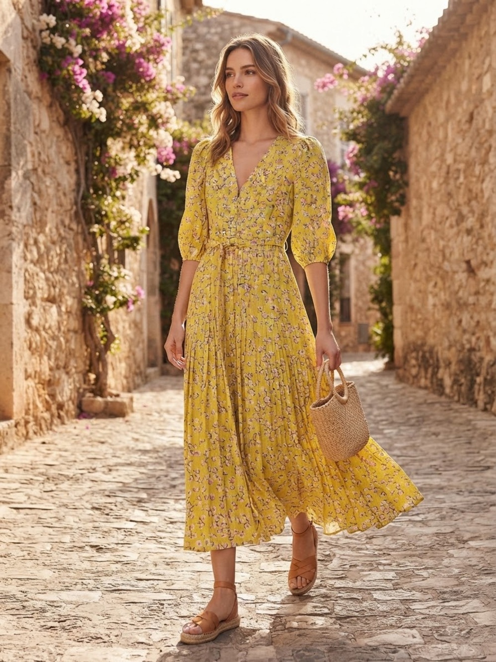 NICHOLAS Yellow Floral Puff Sleeve Button Front Belted Midi Dress Size US 2/AUS